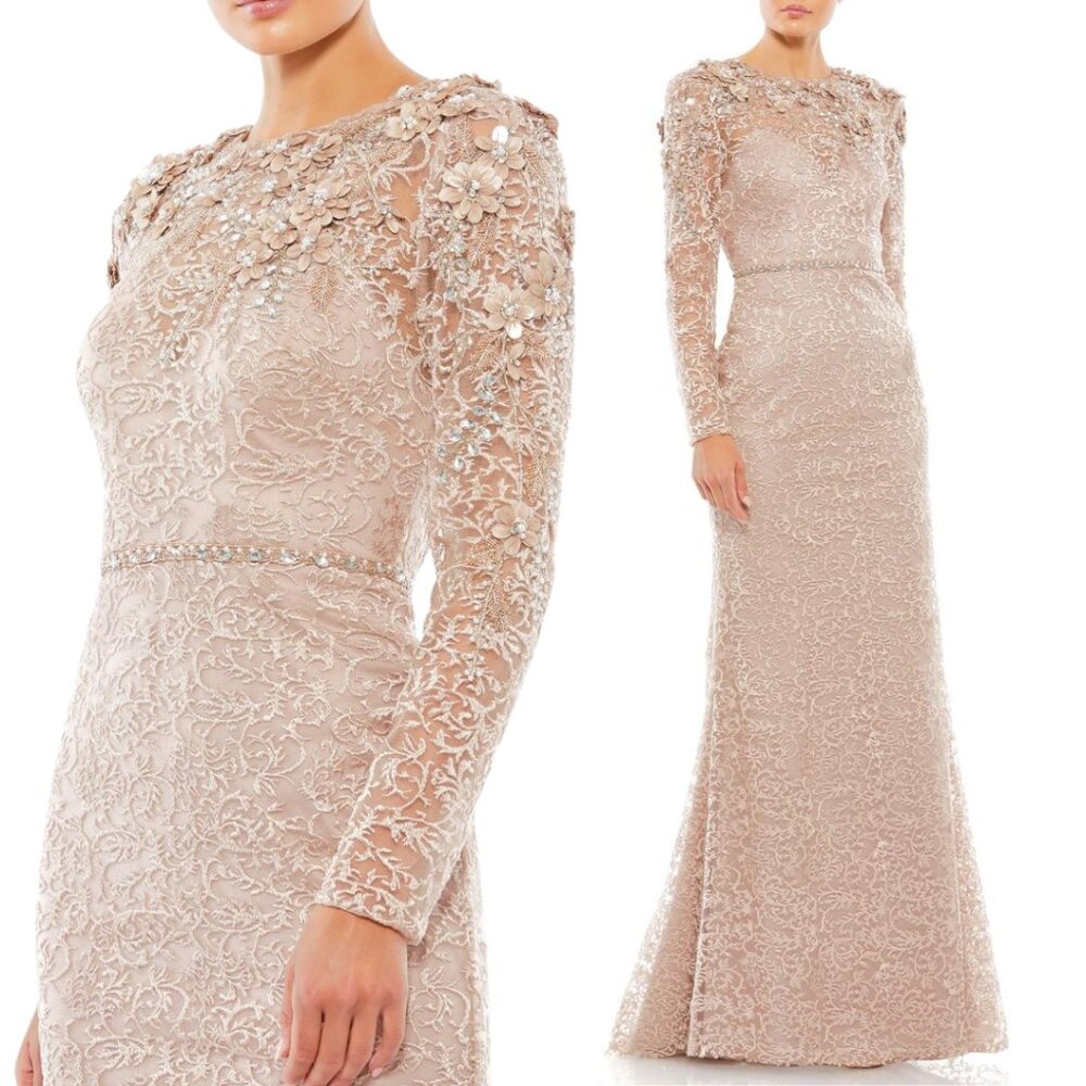 $898 Mac Duggal 11217 Size 18 Nude Pink Long Sleeve High Neck Floral Gown Dress